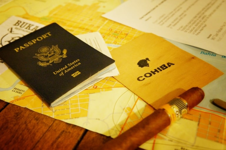 Picture of Cuba map, passport and Cohiba cigar