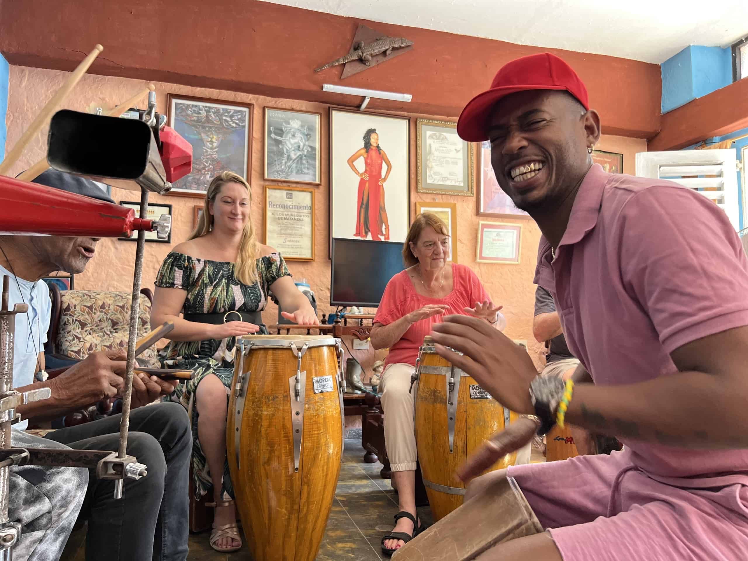 Rumba musicians during a Havana Music Tours musical exchange with Los Muñequitos de Matanzas in 2023
