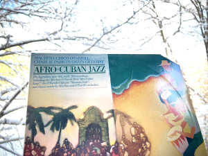 Afro Cuban jazz record on a snowy morning with coffee