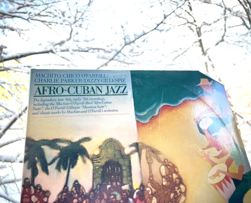 Afro Cuban jazz record on a snowy morning with coffee